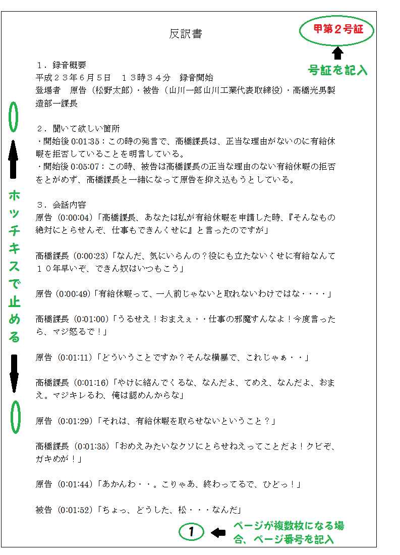 裁判所に提出する際の反訳書の修正記載例
