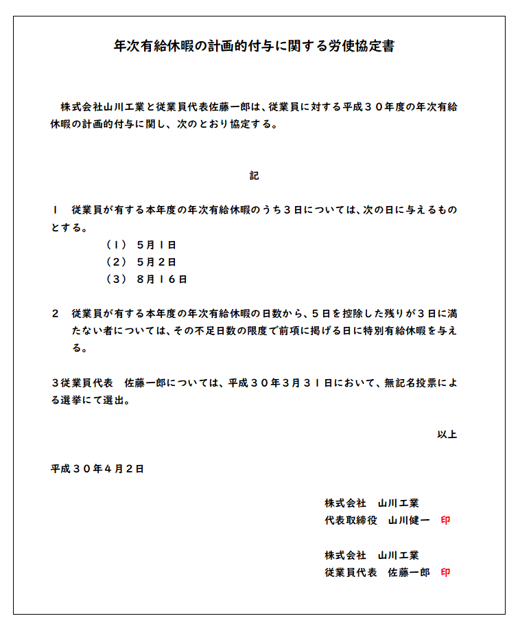 計画的付与の労使協定の例